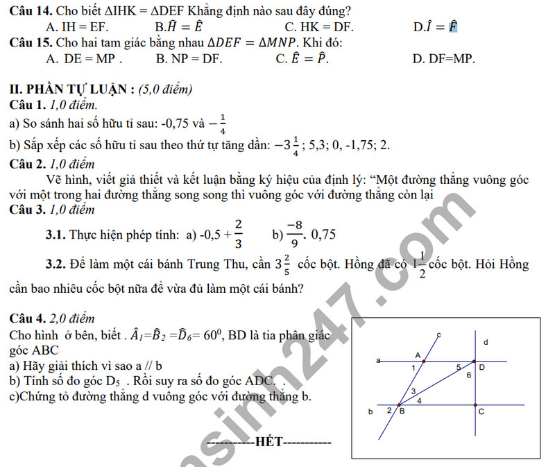 De thi giua ki 1 mon Toan lop 7 - THCS Tran Quy Cap 2023