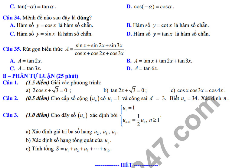 De thi giua ki 1 mon Toan lop 11 - THPT Tran Ky Phong 2023