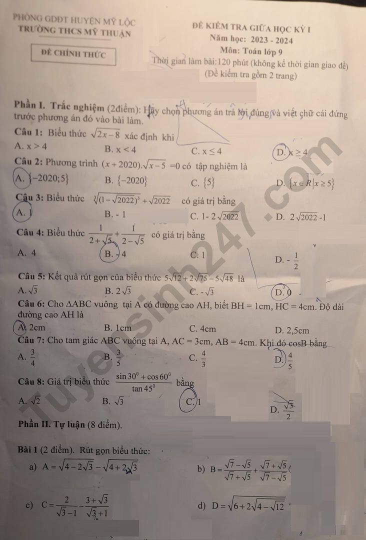 De thi giua ki 1 mon Toan lop 9 - THCS My Thuan 2023