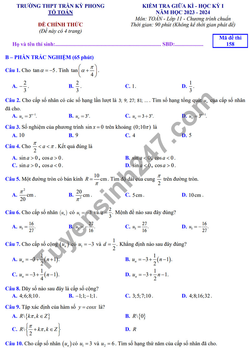 De thi giua ki 1 mon Toan lop 11 - THPT Tran Ky Phong 2023