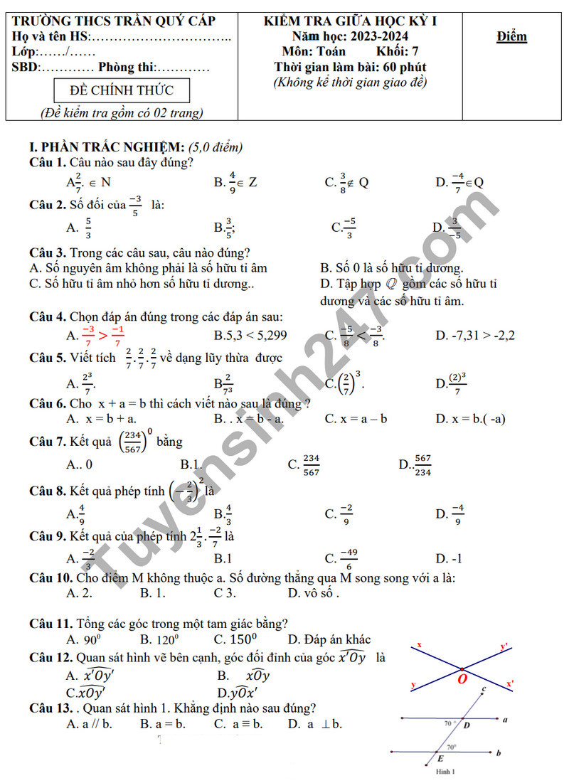 De thi giua ki 1 mon Toan lop 7 - THCS Tran Quy Cap 2023