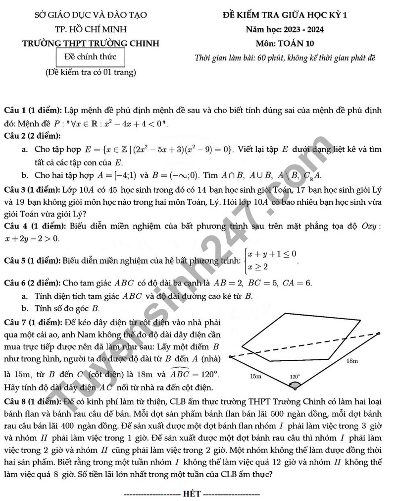 De thi giua ki 1 mon Toan lop 10 - THPT Truong Chinh 2023