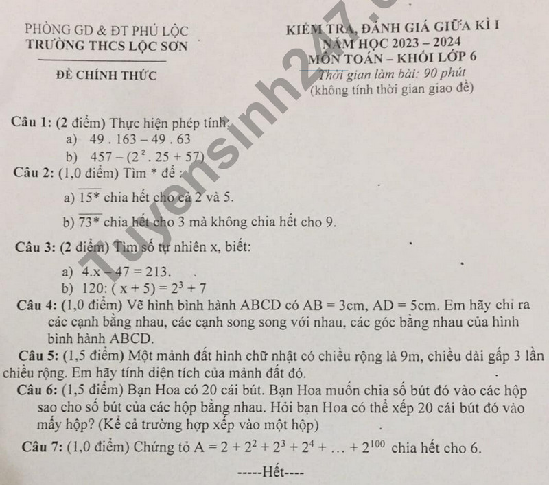 De thi giua ki 1 mon Toan lop 6 - THCS Loc Son 2023