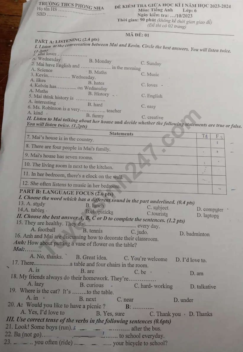 De thi giua ki 1 lop 6 mon Anh 2023 - THCS Phong Nha