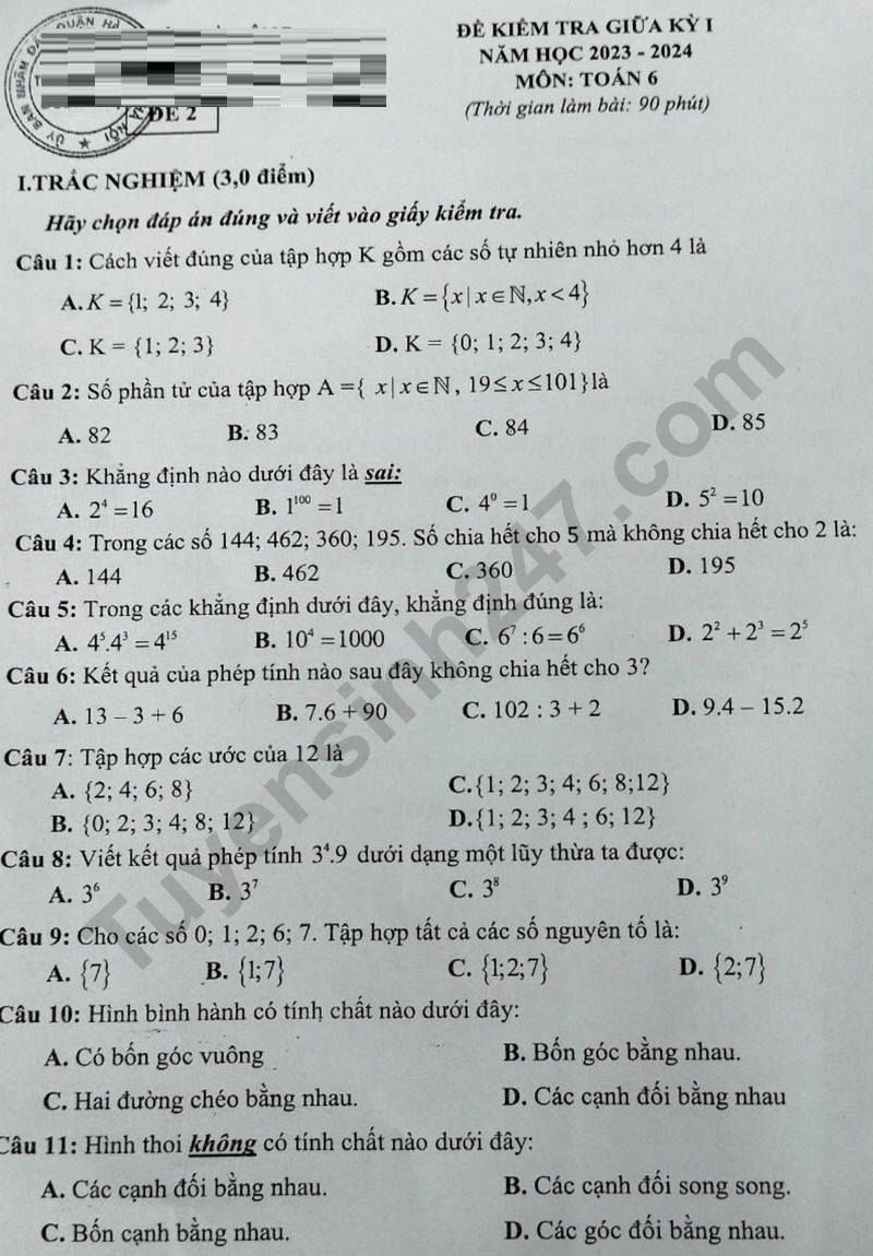 De giua ki 1 mon Toan lop 6 - THCS Duong Noi 2023