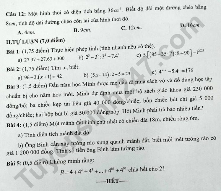 De giua ki 1 mon Toan lop 6 - THCS Duong Noi 2023