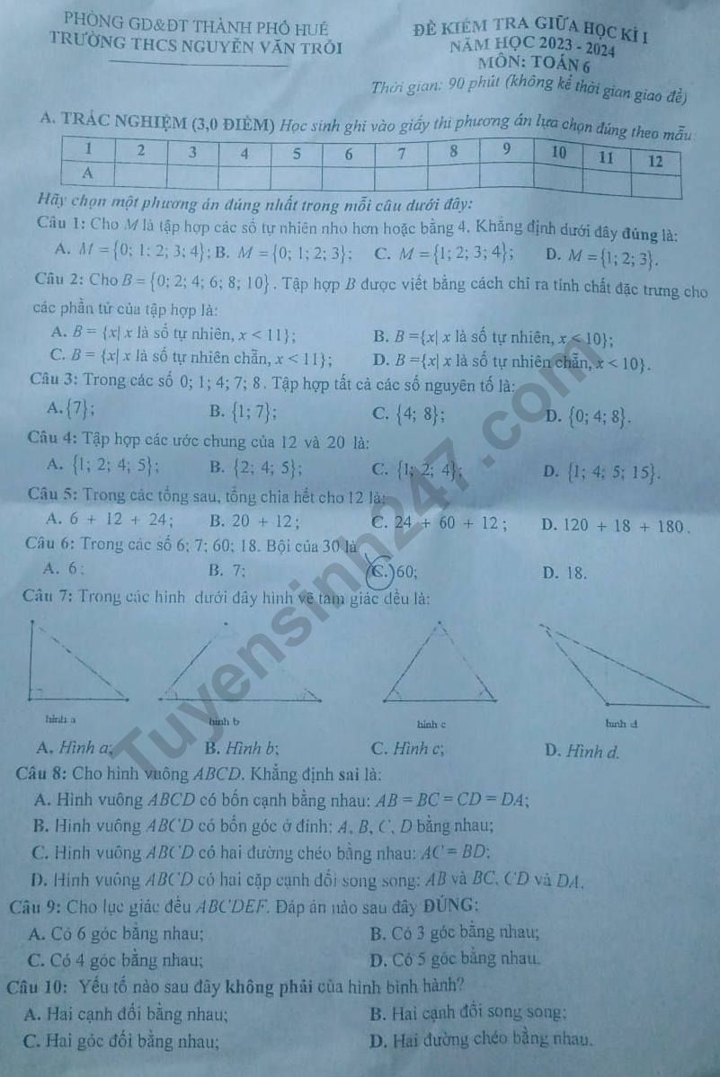 De thi giua ki 1 lop 6 mon Toan 2023 - THCS Nguyen Van Troi