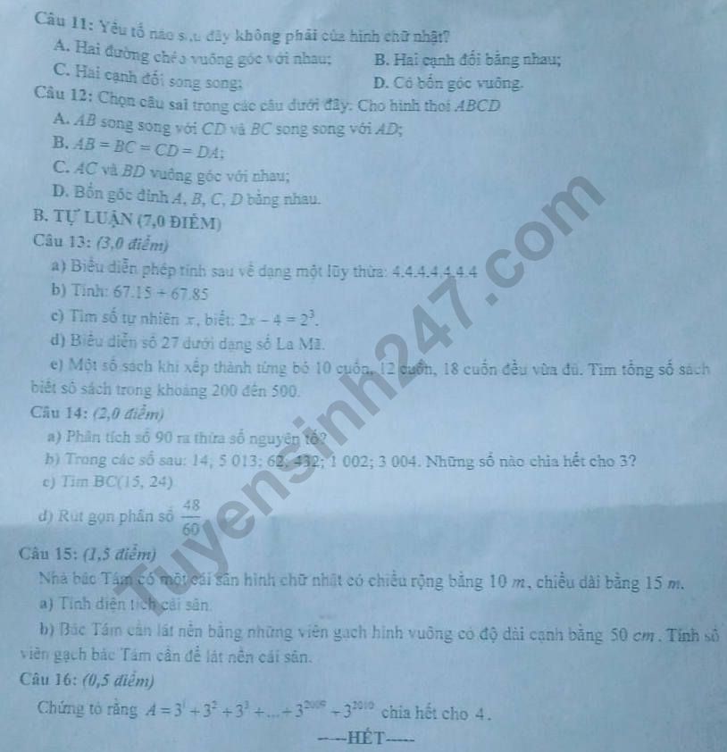 De thi giua ki 1 lop 6 mon Toan 2023 - THCS Nguyen Van Troi