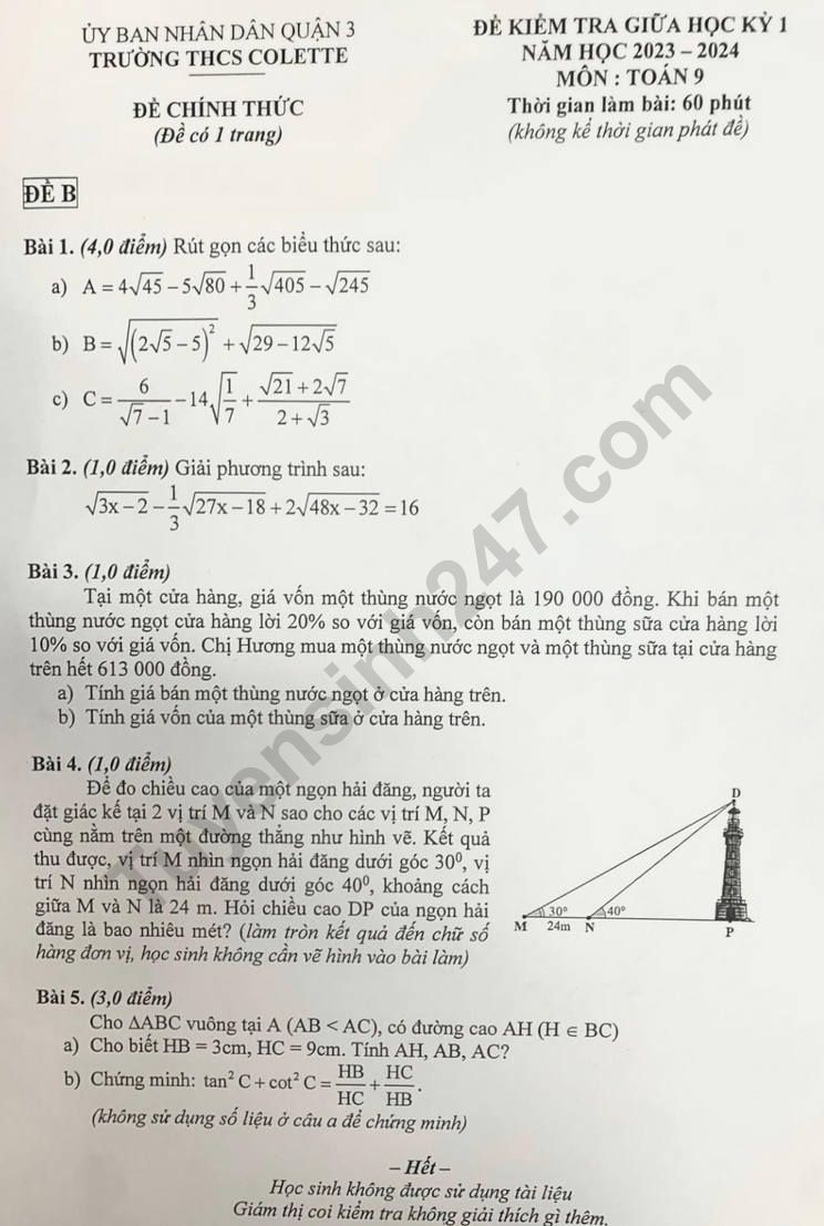 De thi giua ki 1 lop 9 mon Toan 2023 - THCS Colette