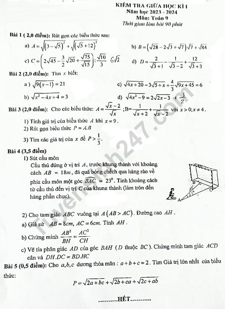 De thi giua ki 1 lop 9 mon Toan 2023 - THCS Van Khe