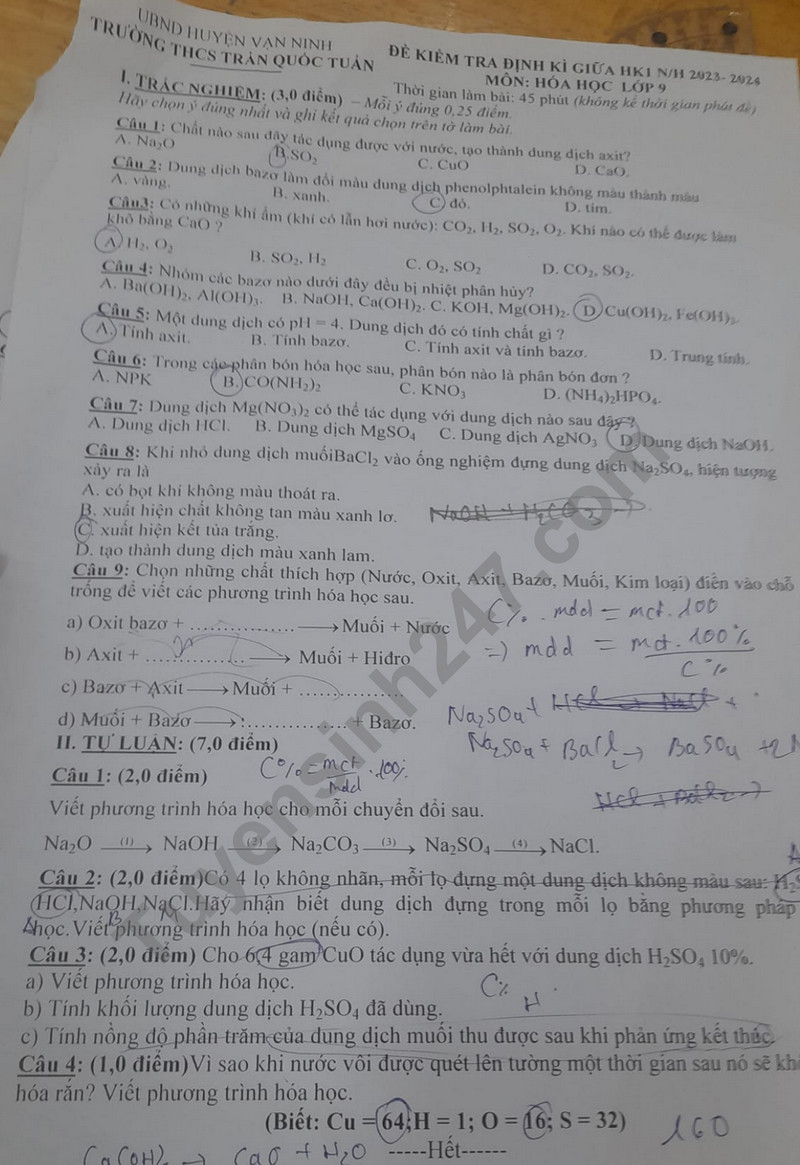 De thi giua ki 1 mon Hoa lop 9 - THCS Tran Quoc Tuan 2023