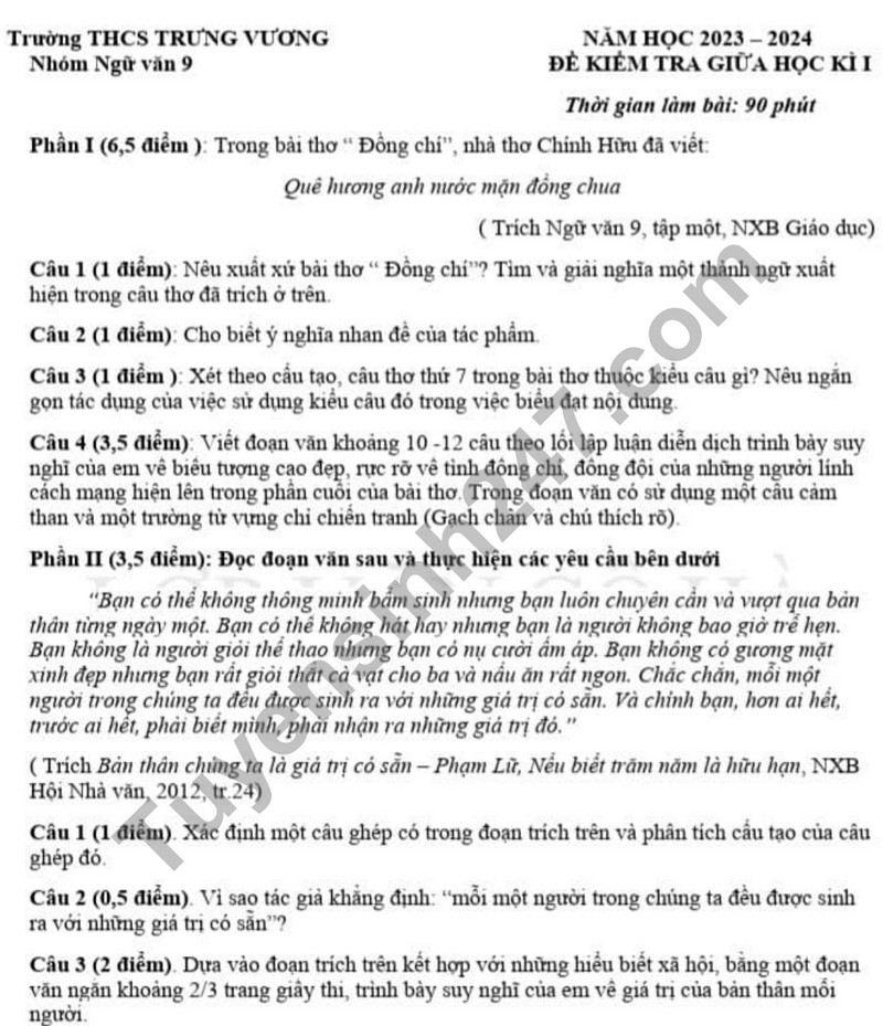 De thi giua ki 1 mon Van lop 9 nam 2023 - THCS  Trung Vuong