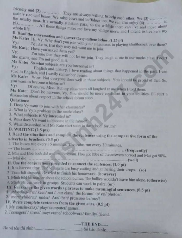 De thi giua ki 1 lop 8 mon Anh 2023 - So GD Bac Ninh