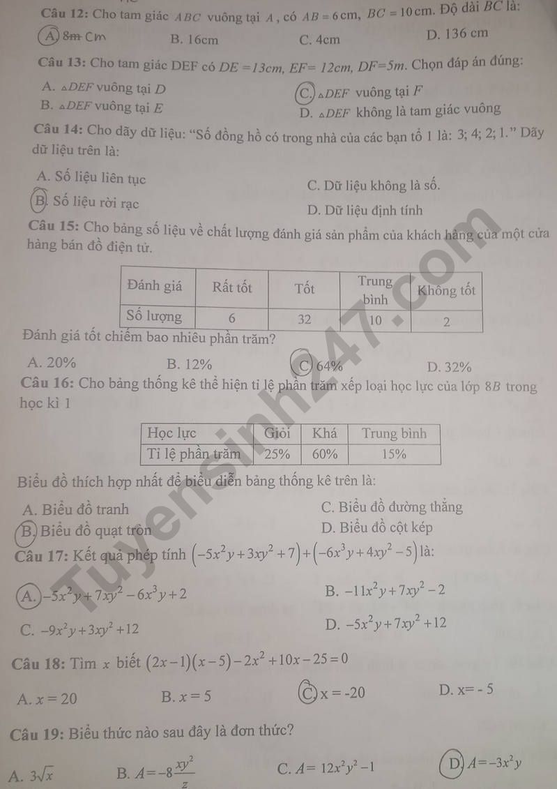 De thi giua ki 1 lop 8 mon Toan 2023 - THCS Dao My