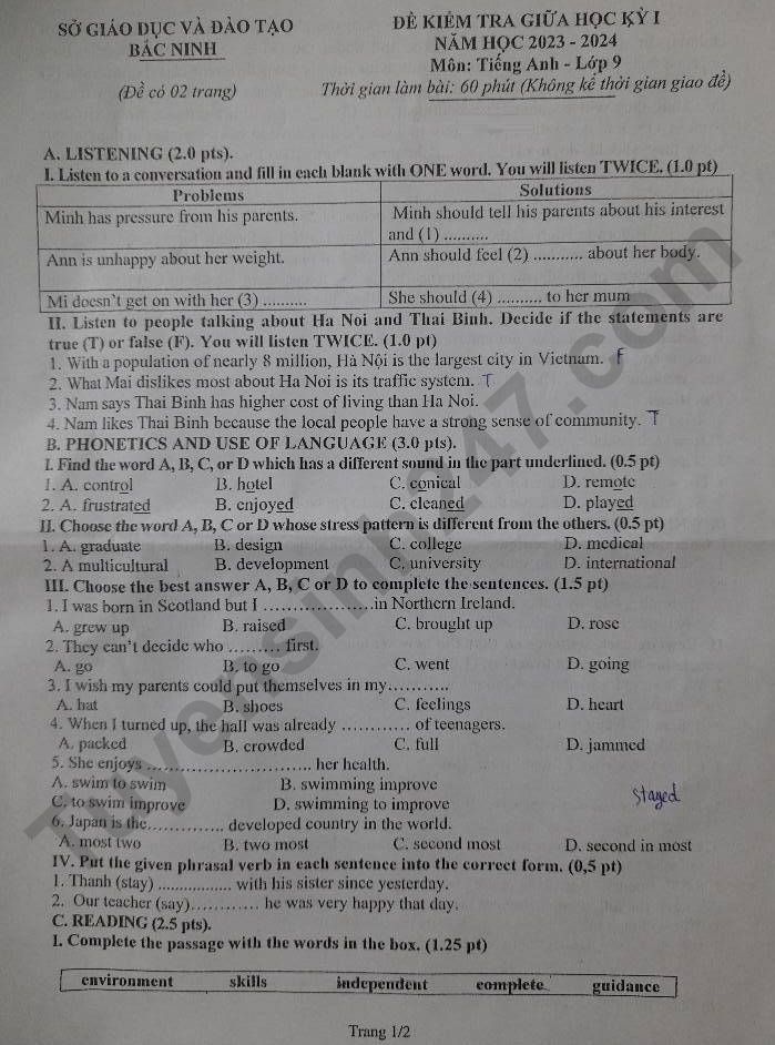 De thi giua ki 1 lop 9 mon Anh 2023 - So GD Bac Ninh