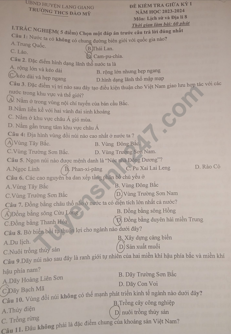 De thi giua ki 1 mon Su va Dia lop 8 nam 2023 - THCS Dao My