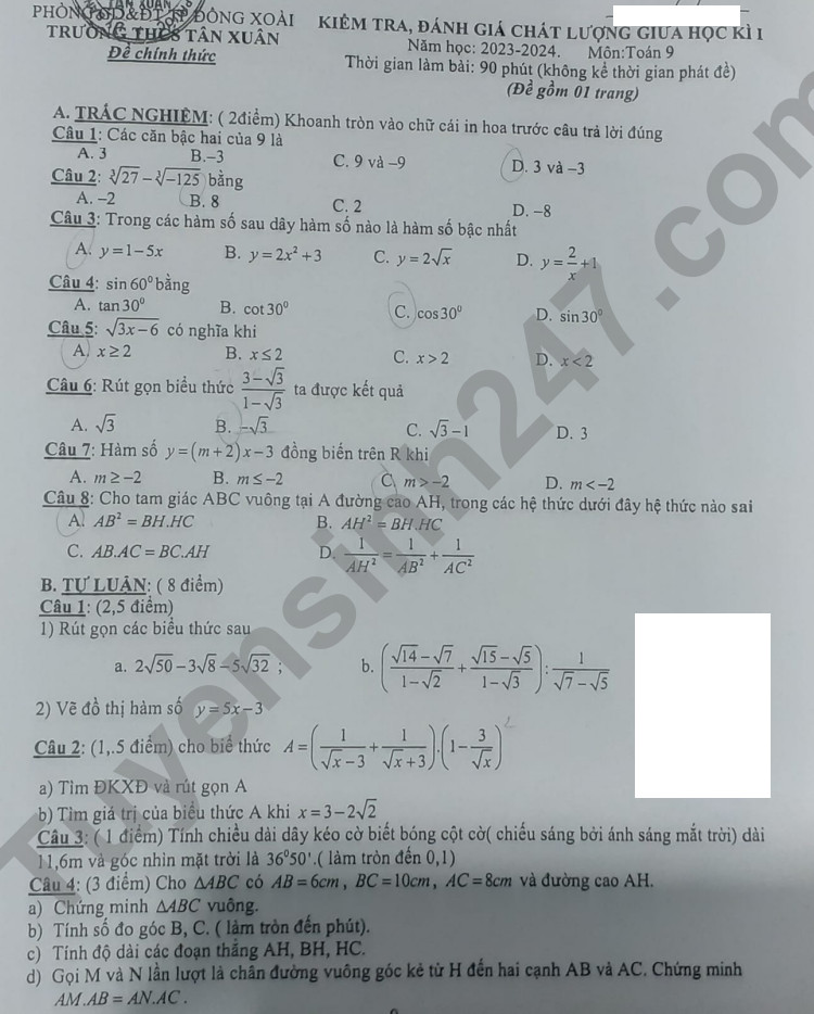 De thi giua ki 1 mon Toan lop 9 - THCS Tan Xuan 2023
