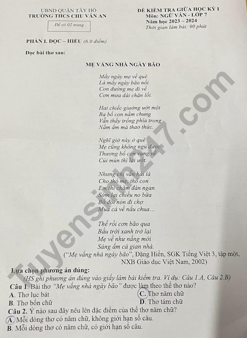 De thi giua ki 1 mon Van lop 7 - THCS Chu Van An 2023