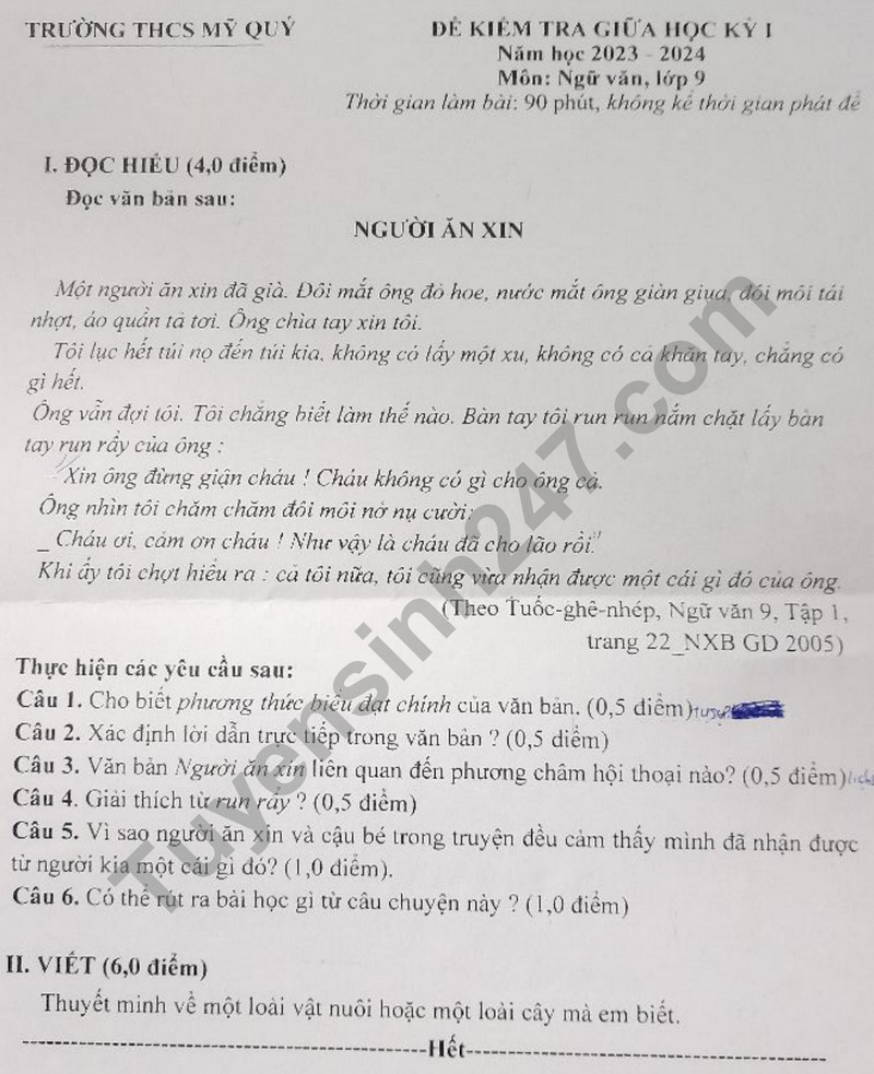 De thi giua ki 1 mon Van lop 9 - THCS My Quy 2023