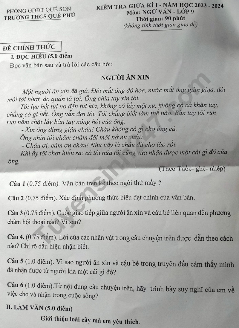 De thi giua ki 1 mon Van lop 9 - THCS Que Phu 2023