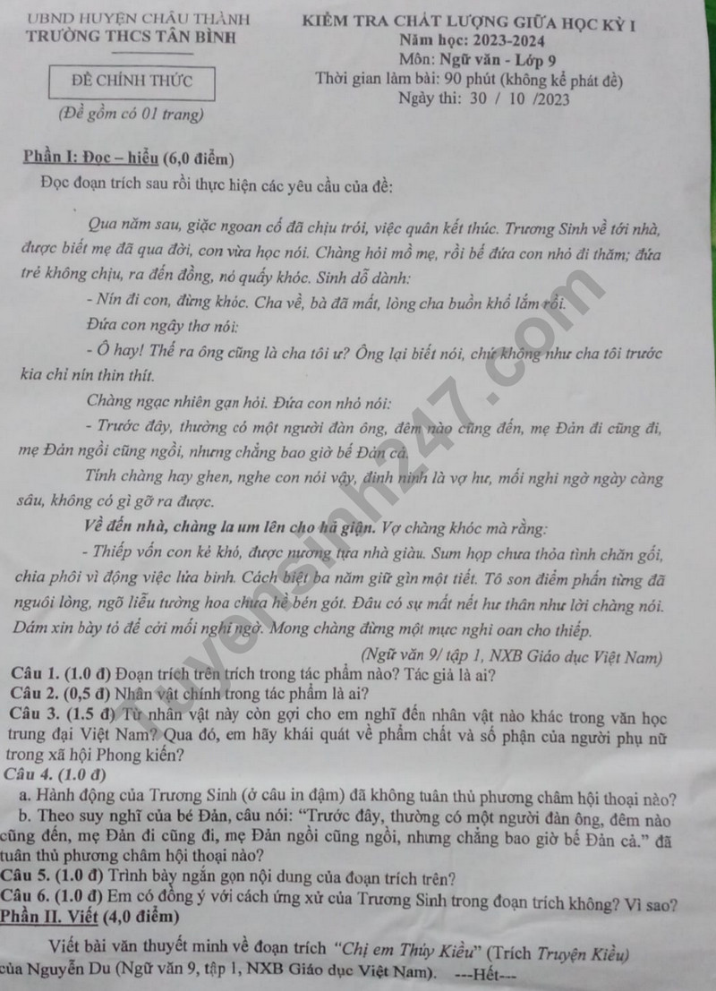 De thi giua ki 1 mon Van lop 9 - THCS Tan Binh 2023