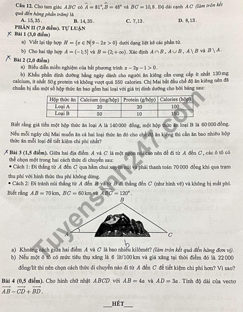 De thi giua ki 1 mon Toan lop 10 - Truong TH Thuc hanh Sai Gon 2023
