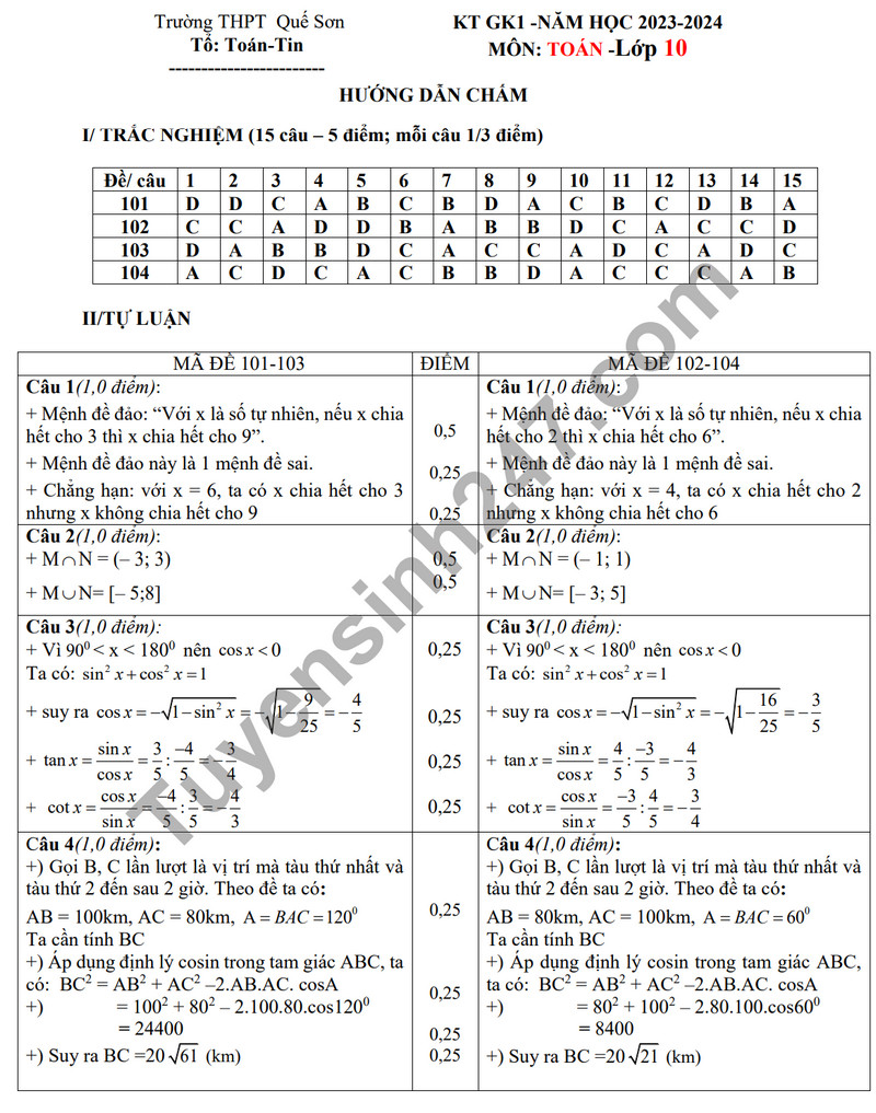 De thi giua ki 1 mon Toan lop 10 - THPT Que Son 2023