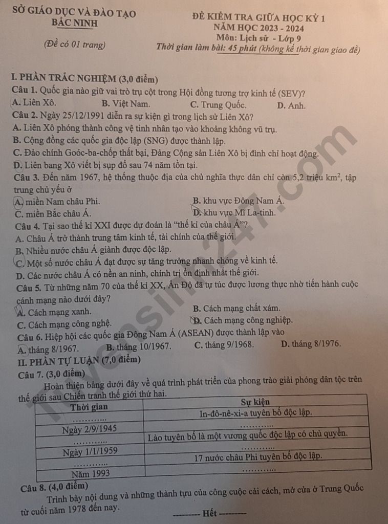 De thi giua ki 1 lop 9 mon Su 2023 - So GD Bac Ninh