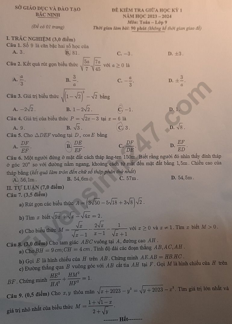 De thi giua ki 1 lop 9 mon Toan - So GD Bac Ninh 2023