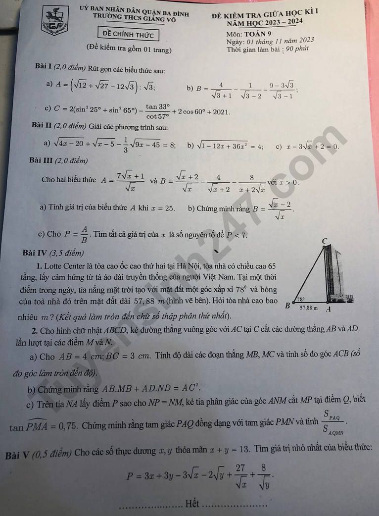 De thi giua ki 1 mon Toan lop 9 nam 2023 - THCS Giang Vo