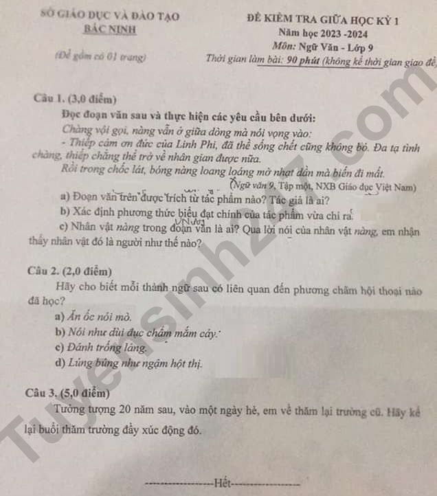 De thi giua ki 1 lop 9 mon Van 2023 - So GD Bac Ninh