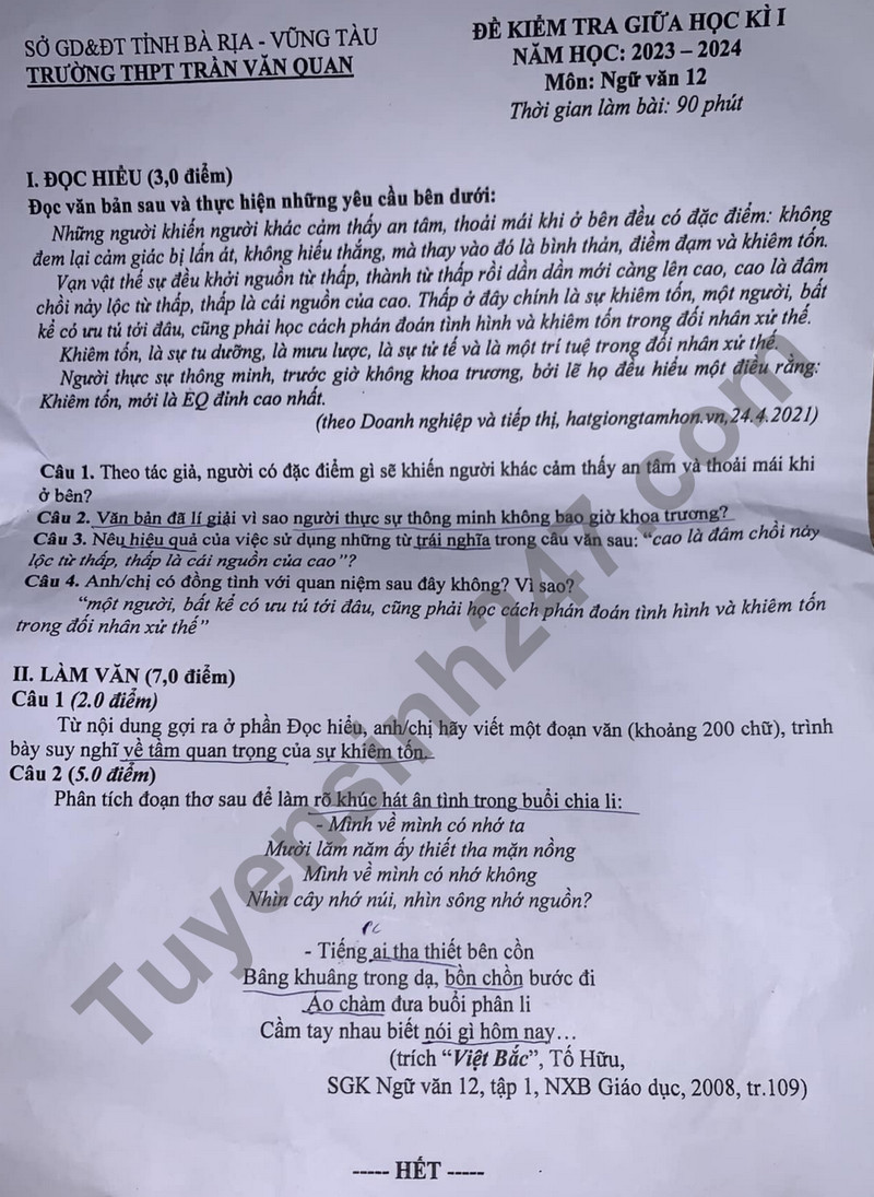De thi giua ki 1 nam 2023 mon Van lop 12 - THPT Tran Van Quan