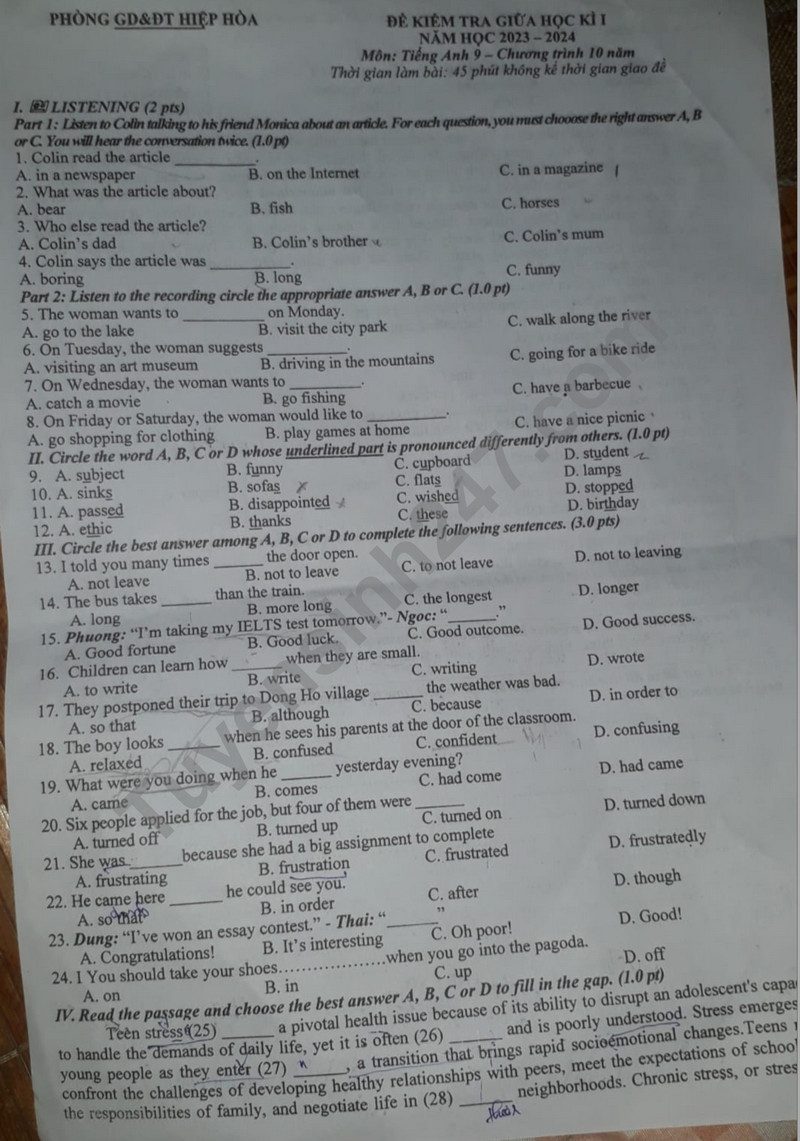 De thi giua ki 1 mon Anh lop 9 - Phong GD Hiep Hoa 2023