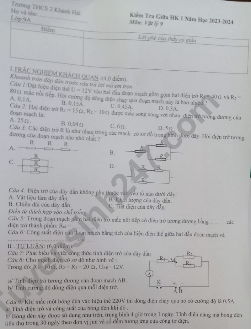 De thi giua ki 1 nam 2023 mon Ly lop 9 - THCS 2 Khanh Hai