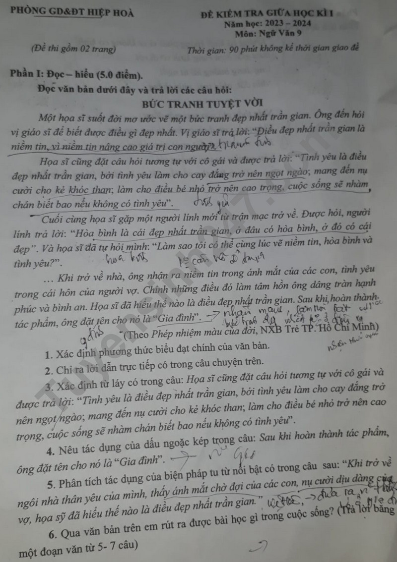 De thi giua ki 1 mon Van lop 9 - Phong GD Hiep Hoa 2023