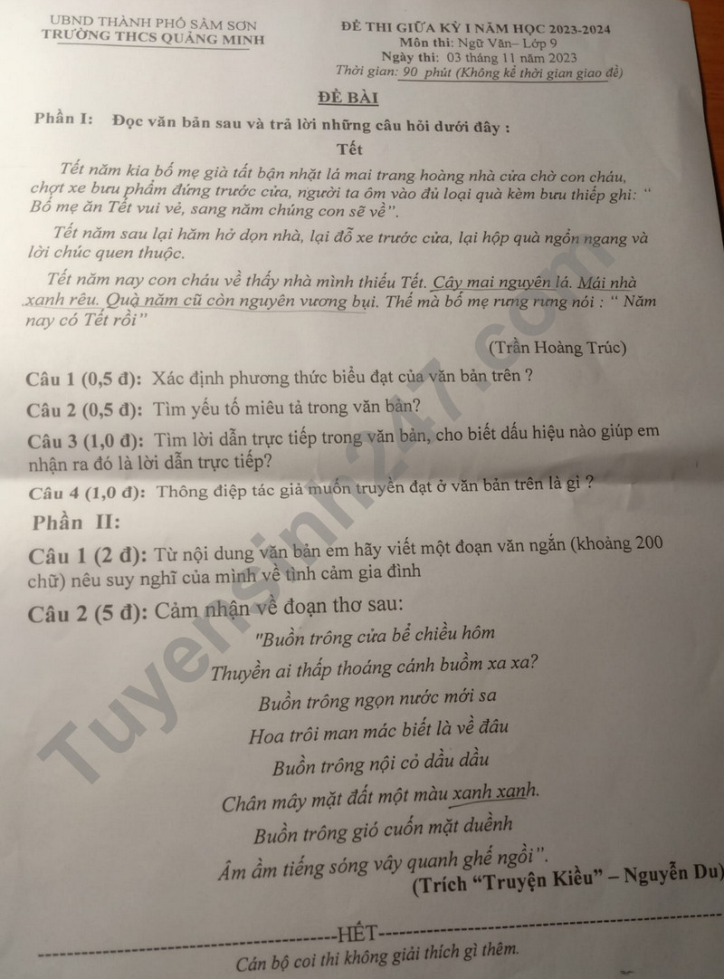 De thi giua ki 1 mon Van lop 9 - THCS Quang Minh 2023