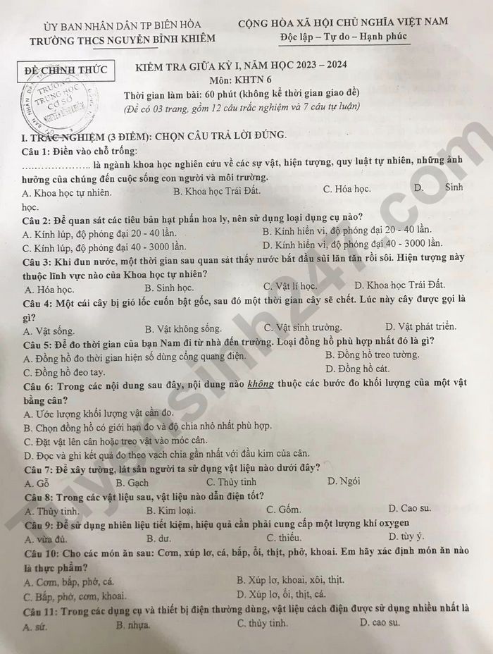 De thi giua ki 1 mon Khoa hoc tu nhien lop 6 - THCS Nguyen Binh Khiem 2023