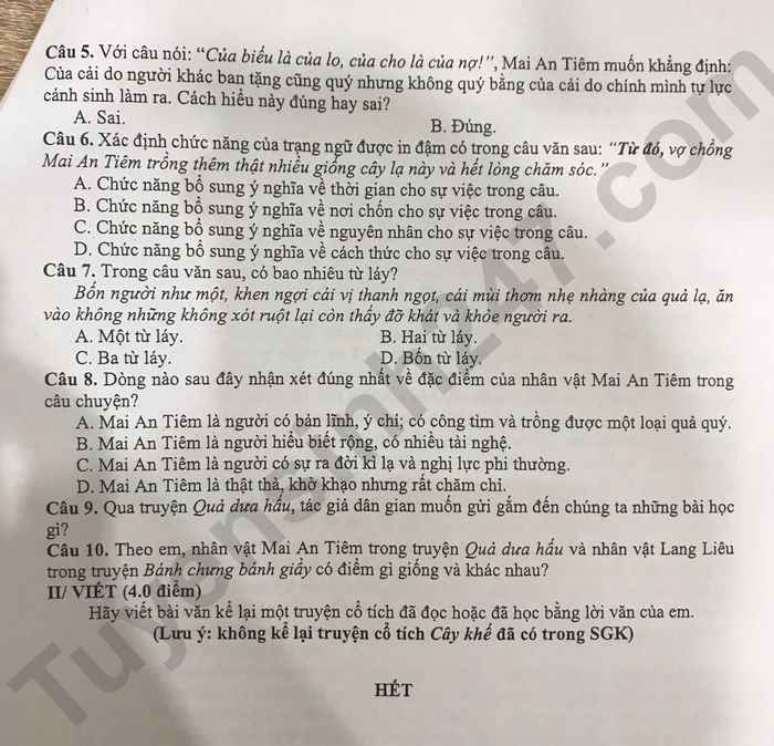 De thi giua ki 1 mon Van lop 6 - THCS Nguyen Binh Khiem 2023