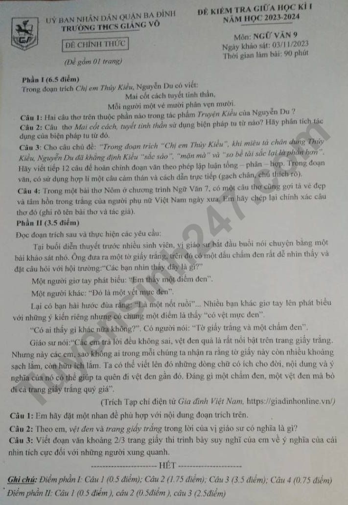 De thi giua ki 1 mon Van lop 9 - THCS Giang Vo 2023