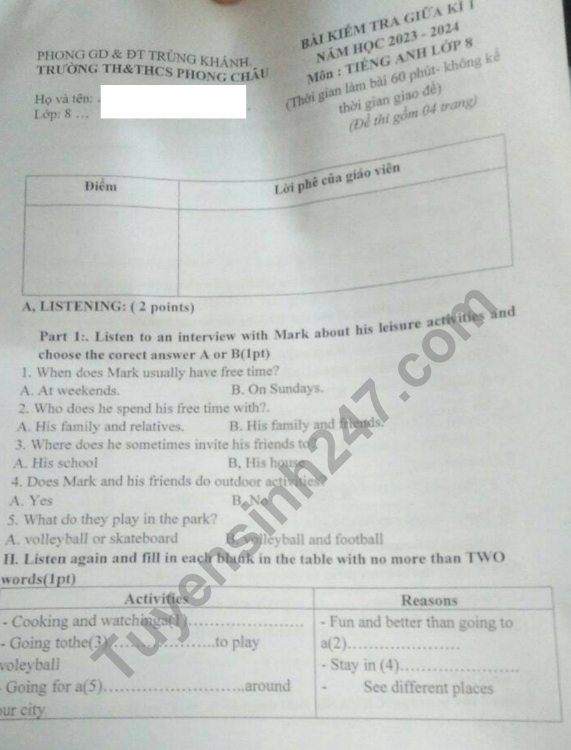 De thi giua ki 1 mon Anh lop 8 - TH THCS Phong Chau 2023