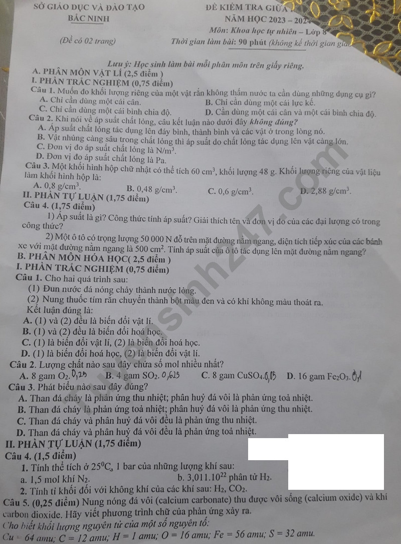 De thi giua ki 1 mon Khoa hoc tu nhien lop 8 - So GD Bac Ninh 2023