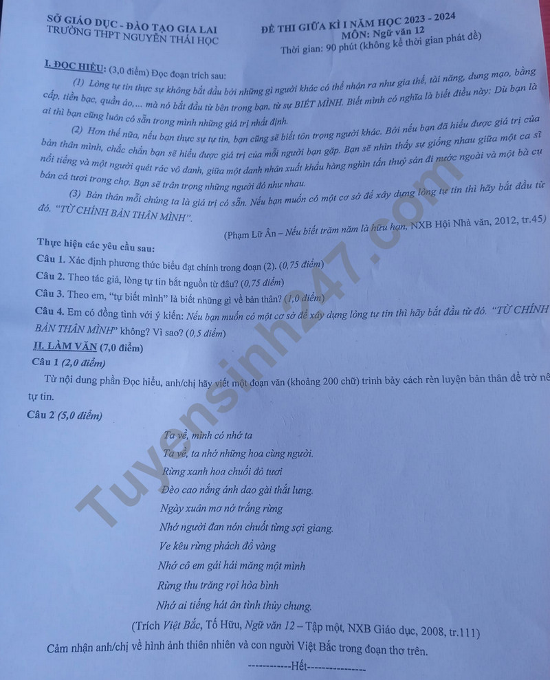 De thi giua ki 1 mon Van lop 12 - THPT Nguyen Thai Hoc 2023