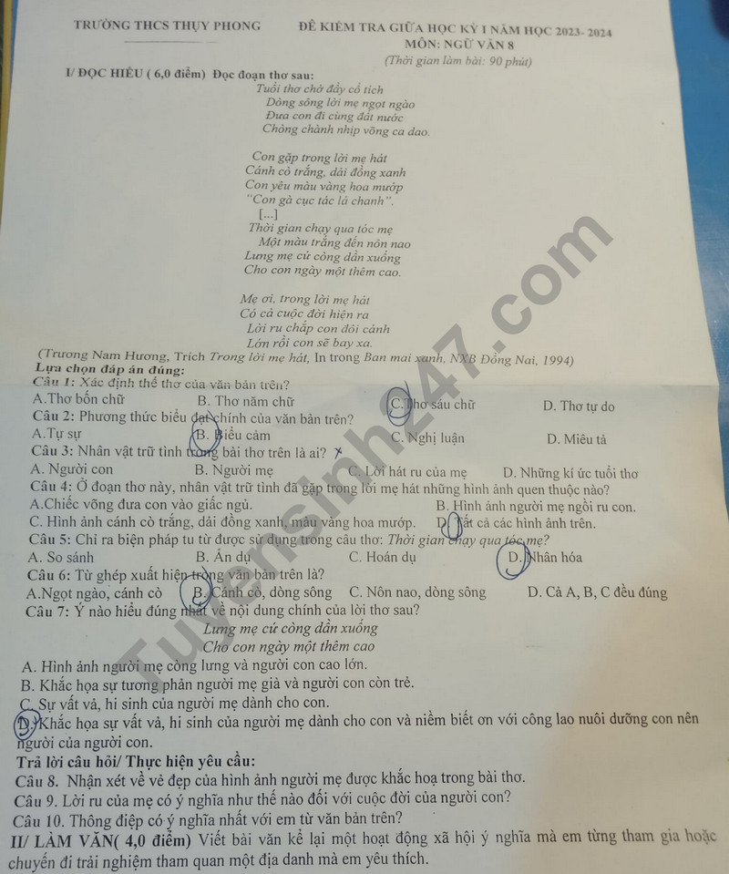 De thi giua ki 1 mon Van lop 8 nam 2023 - THCS Thuy Phong