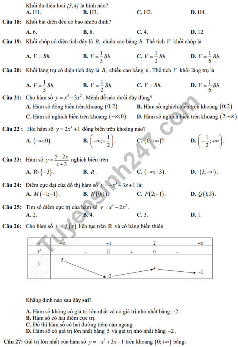 De thi giua ki 1 nam 2023 mon Toan lop 12 - THPT Tran Van Quan