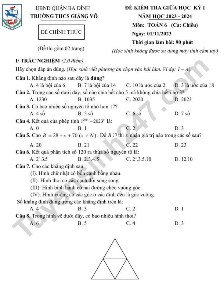 De thi giua ki 1 mon Toan lop 6 - THCS Giang Vo 2023