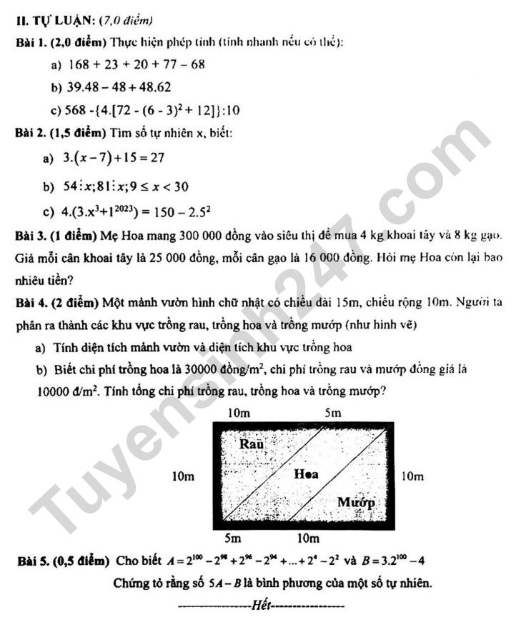 De thi giua ki 1 lop 6 mon Toan 2023 - THCS Van Yen