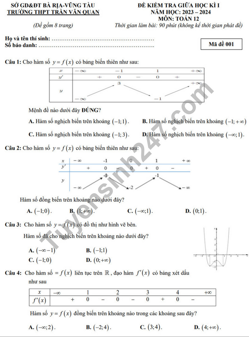 De thi giua ki 1 nam 2023 mon Toan lop 12 - THPT Tran Van Quan