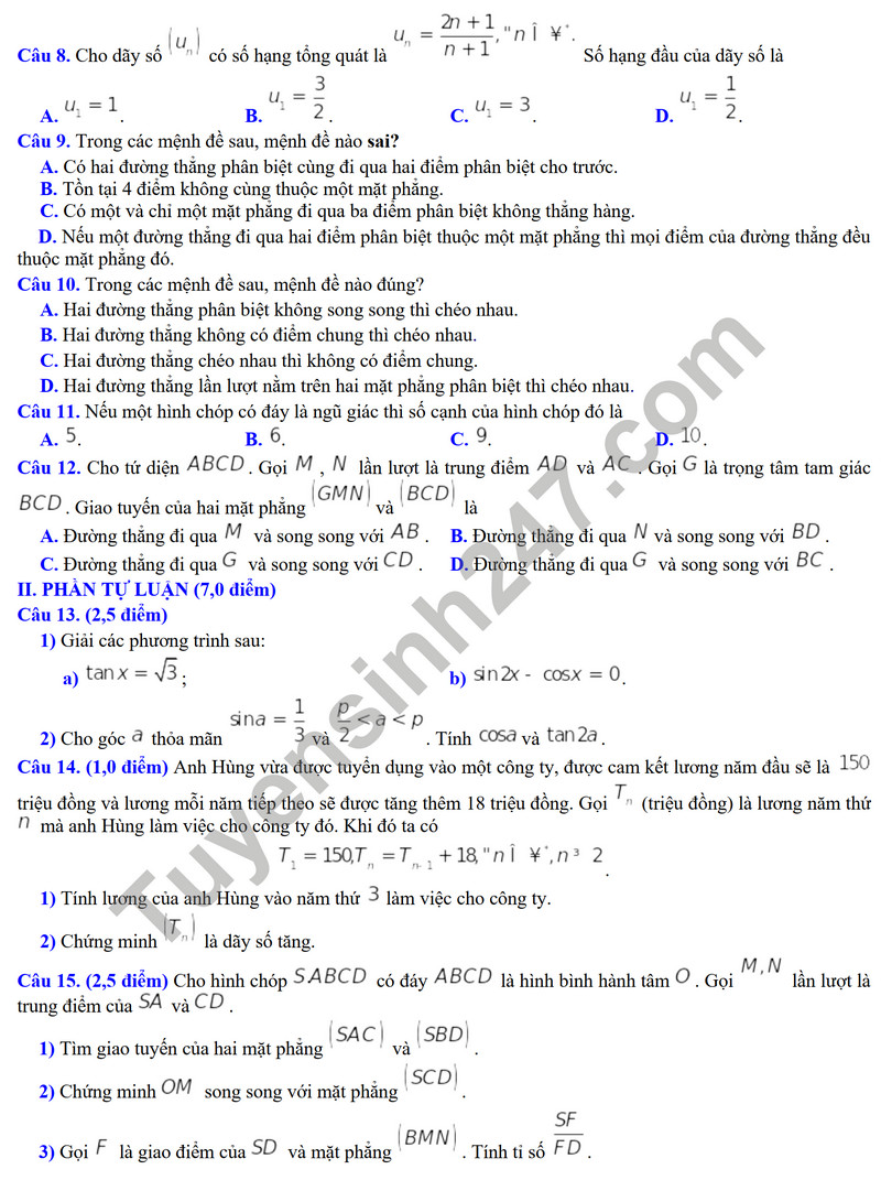 De thi giua ki 1 mon Toan lop 11 - So GD Bac Ninh 2023