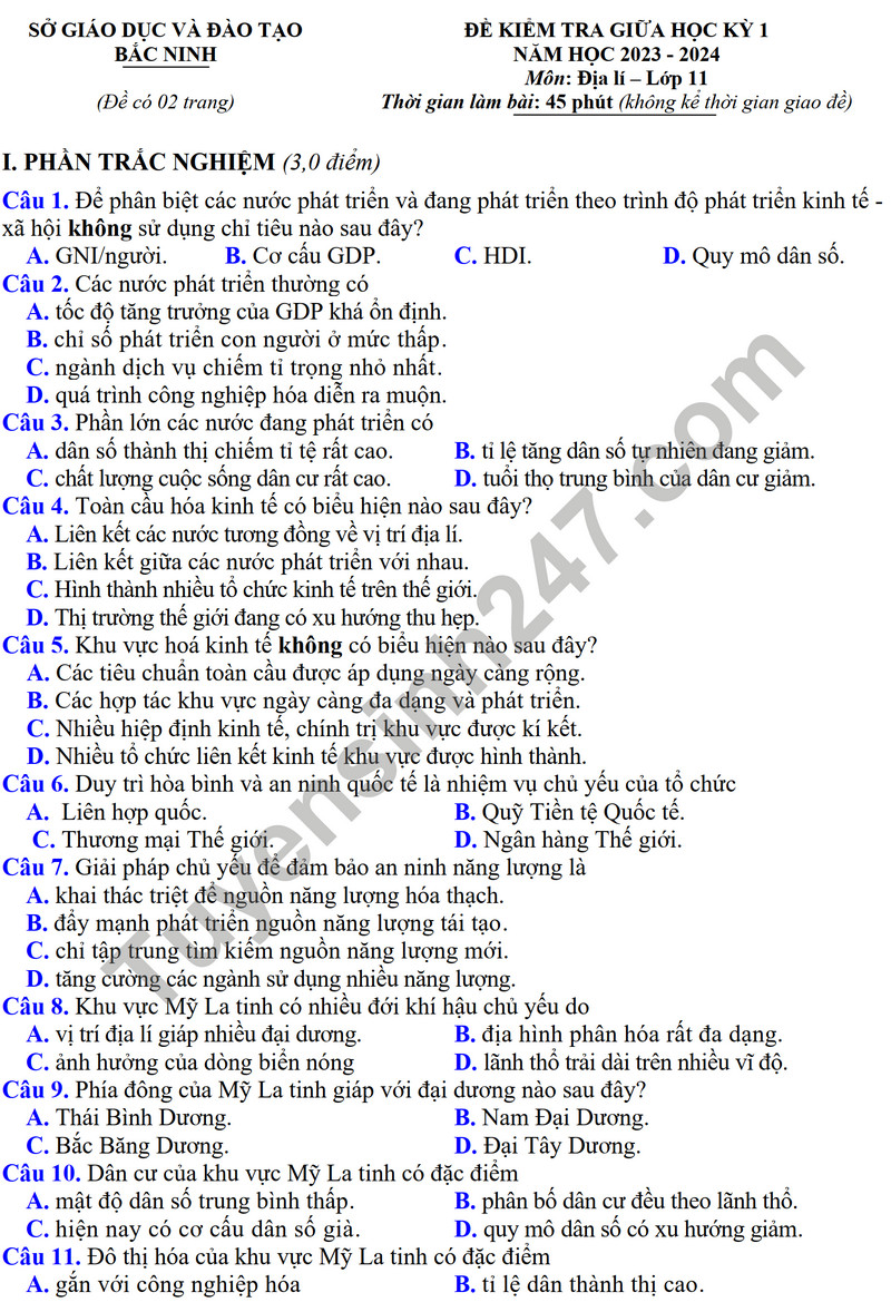 De thi giua ki 1 mon Dia lop 11 nam 2023 - So GD Bac Ninh
