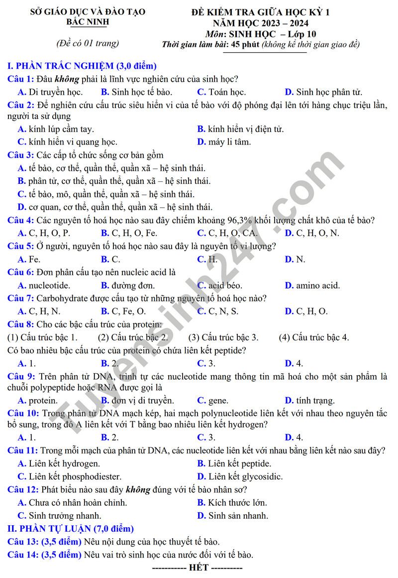 De thi giua ki 1 mon Sinh lop 10 nam 2023 - So GD Bac Ninh